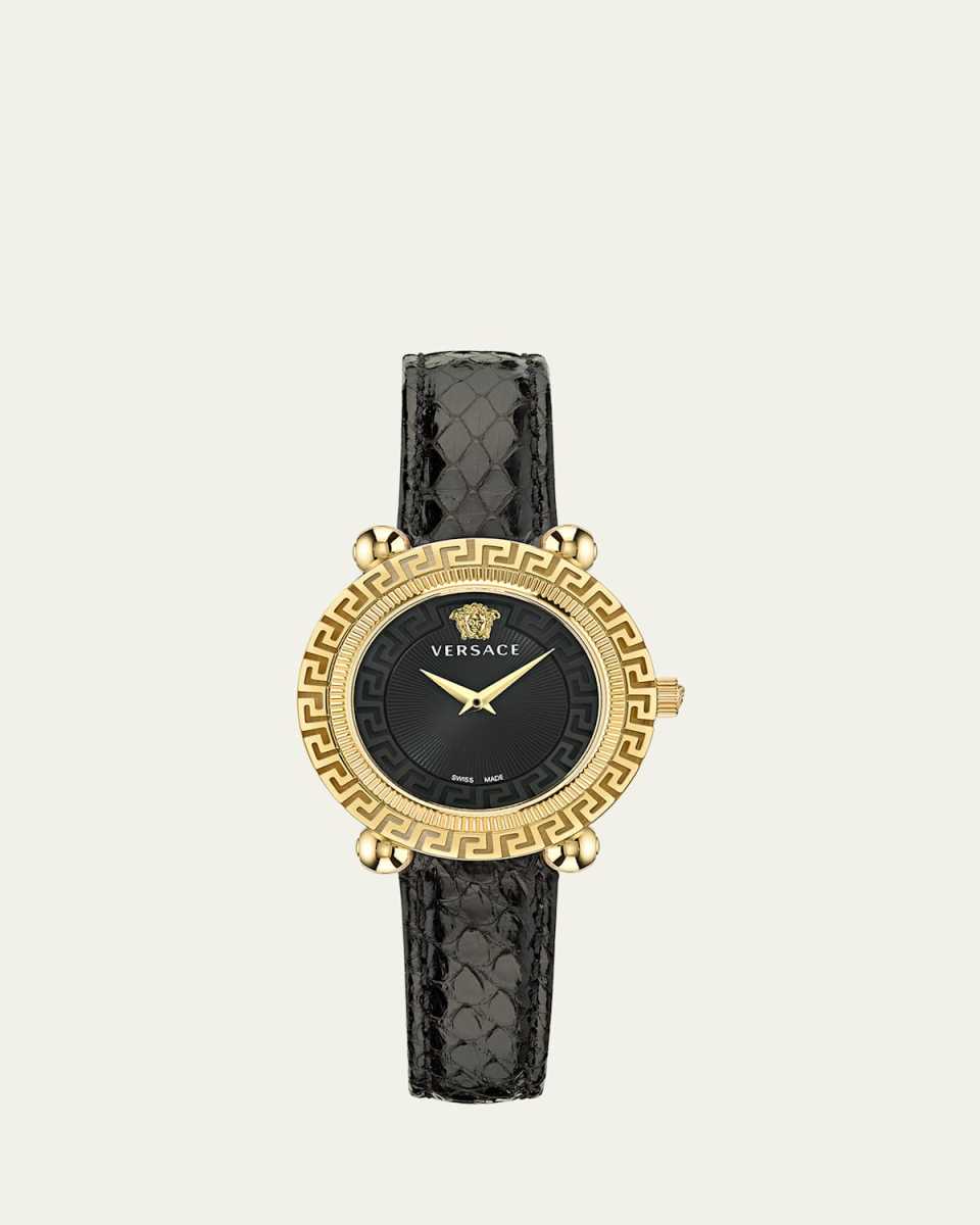 35mm Greca Twist Watch with Leather Strap, Yellow Gold/Black